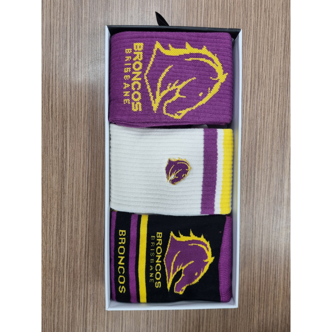 BRONCOS 3 PACK COMBO SOCK GIFT BOX NRL